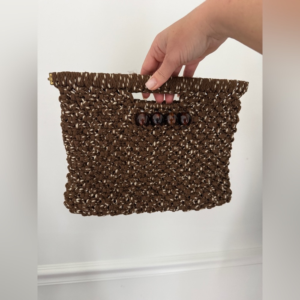 Vintage 70s Boho Macrame Clutch with Tortoise Bead Accents